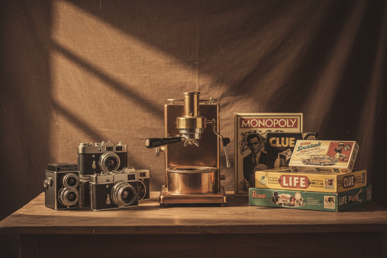 vintage picture for espresso machine cameras box game with brown background